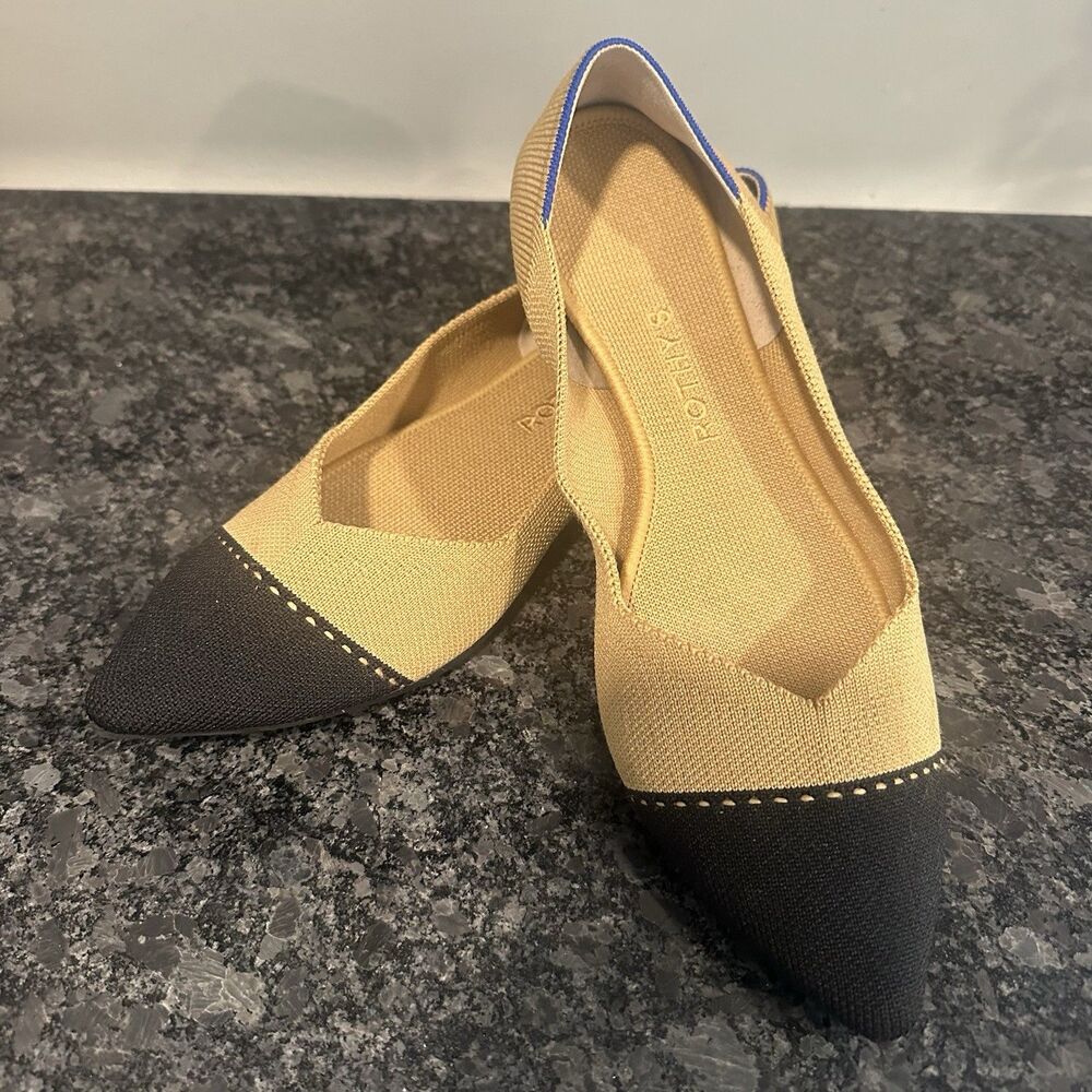 Rothy's The Point II Flat Slip On Shoes Camel Captoe Size 10.5 Neutral BLK/tan